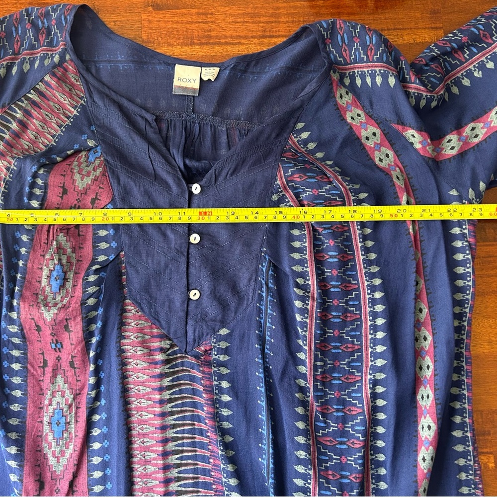 Roxy Navy Print Tunic Boho 3/4 Quarter Button Dress - Picture 8 of 10